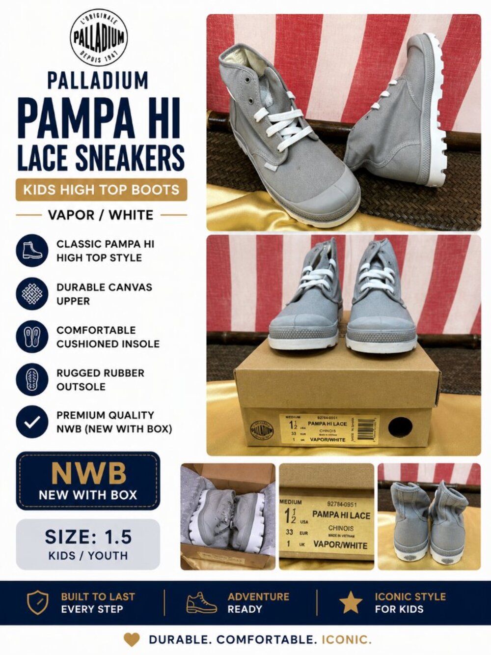 NWB Palladium Pampa Hi Kids High Top Lace Up Sneakers